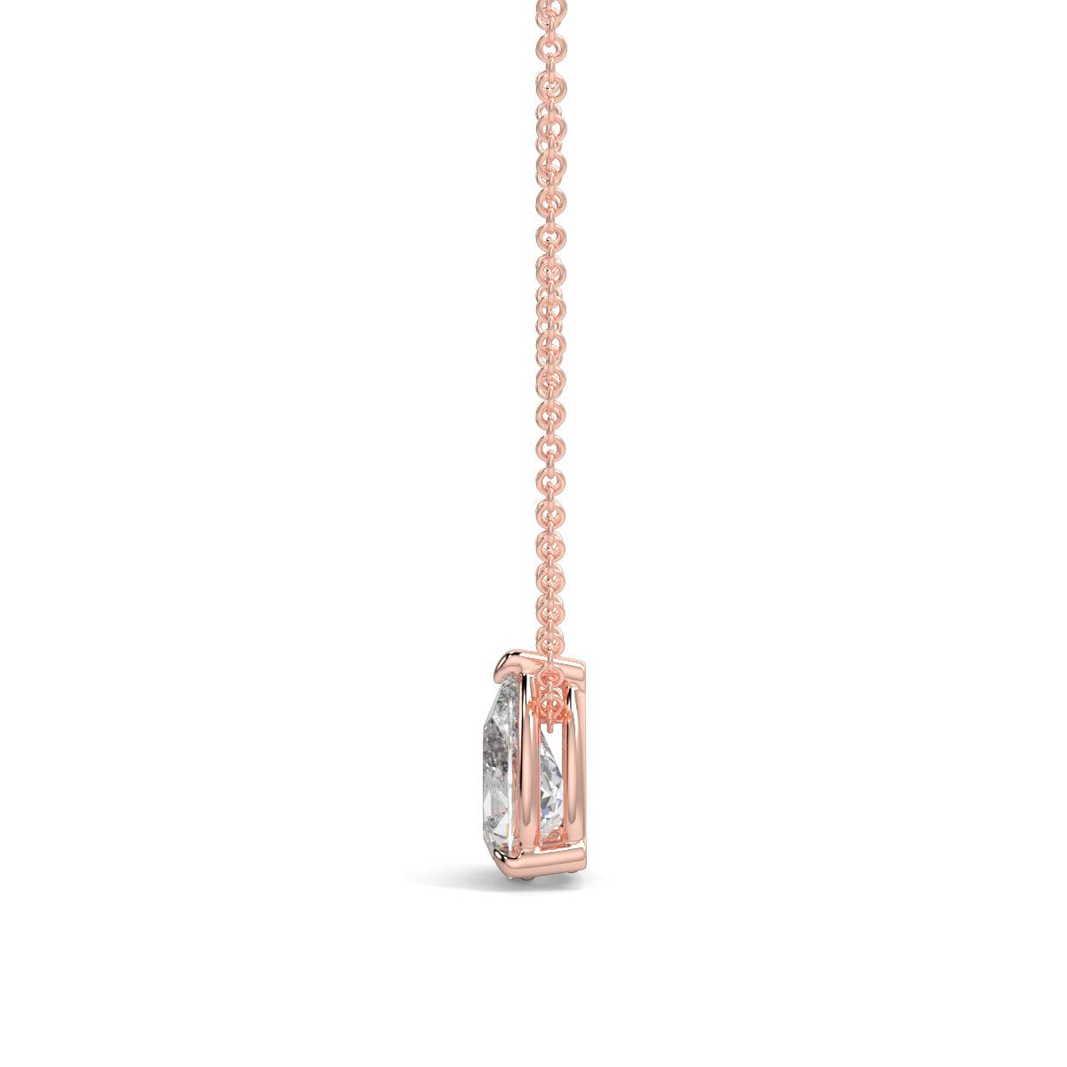 Rose gold necklace with a diamond pendant on a white background pear shape diamond pendant yb jewellers necklace best selling