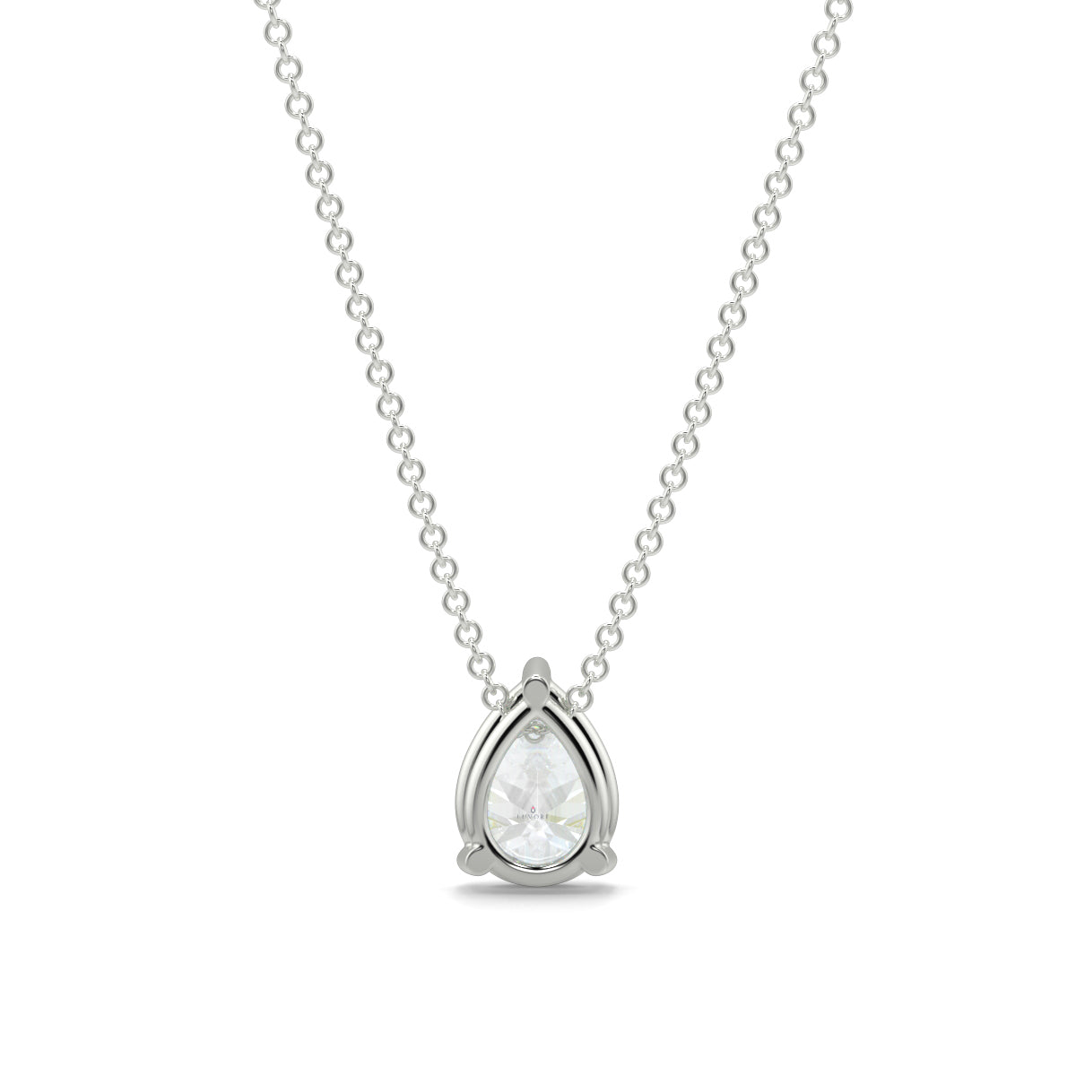 Silver necklace with a teardrop-shaped pendant on a white background pear shape diamond pendant yb jewellers necklace best selling