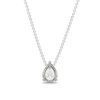 Silver necklace with a teardrop-shaped pendant on a white background pear shape diamond pendant yb jewellers necklace best selling