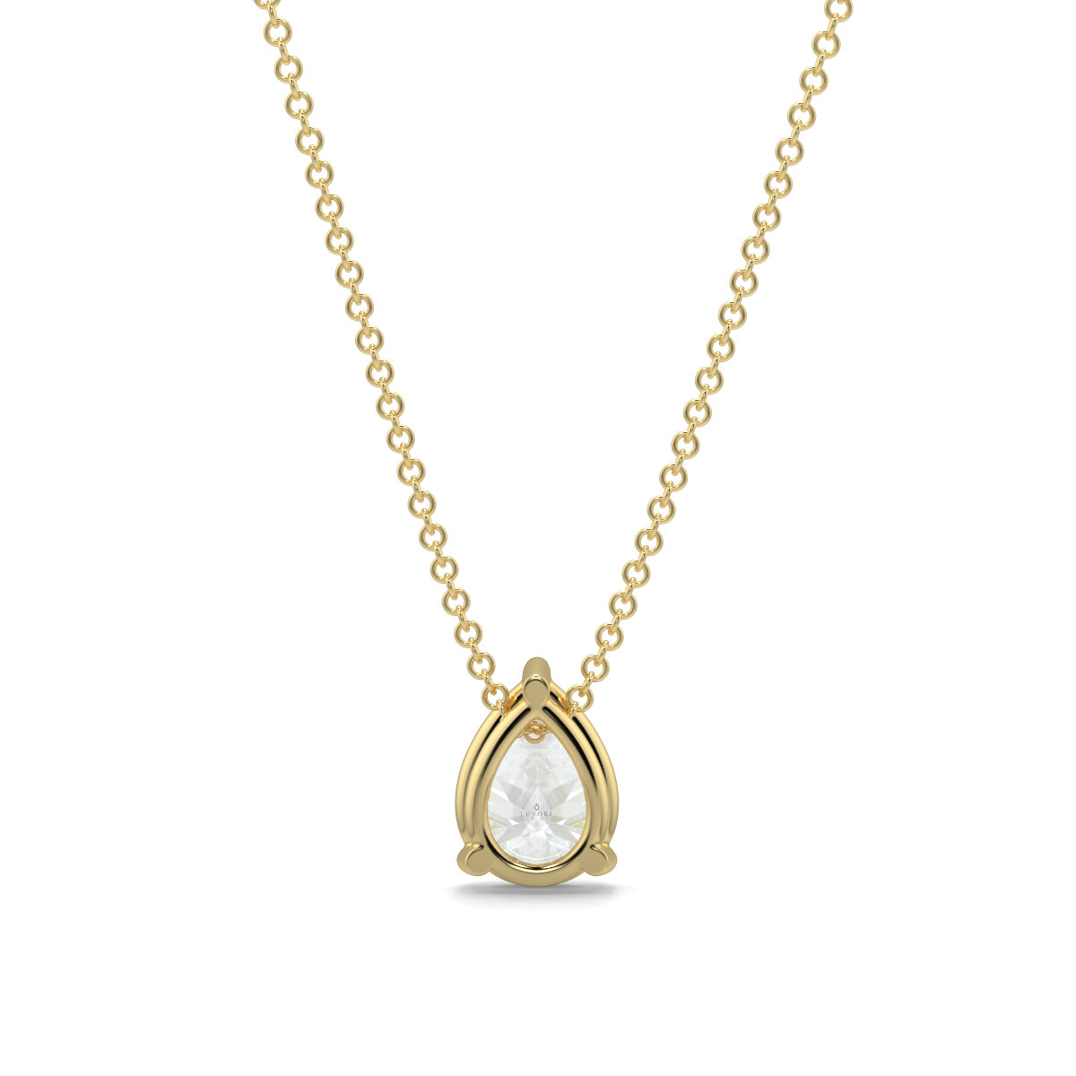 Gold necklace with a teardrop-shaped pendant on a white background pear shape diamond pendant yb jewellers necklace best selling
