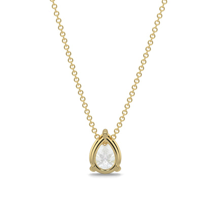 Gold necklace with a teardrop-shaped pendant on a white background pear shape diamond pendant yb jewellers necklace best selling