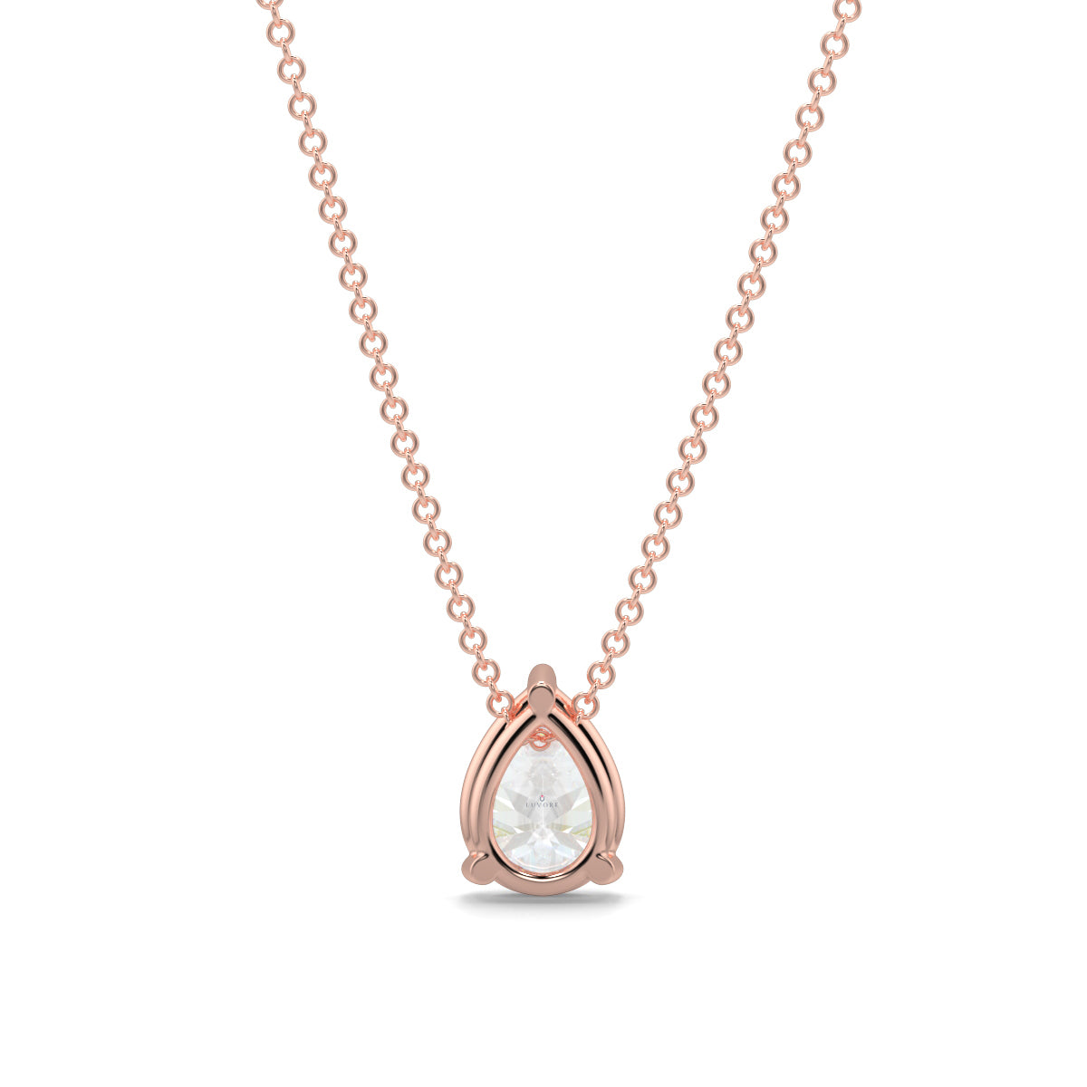 Rose gold necklace with a teardrop-shaped diamond pendant on a white background pear shape diamond pendant yb jewellers necklace best selling
