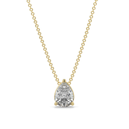 Gold necklace with a teardrop-shaped diamond pendant on a white  pear shape diamond pendant yb jewellers necklace best selling background