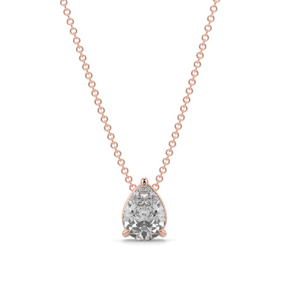 Rose gold necklace with a teardrop-shaped diamond pendant on a white background pear shape diamond pendant yb jewellers necklace best selling