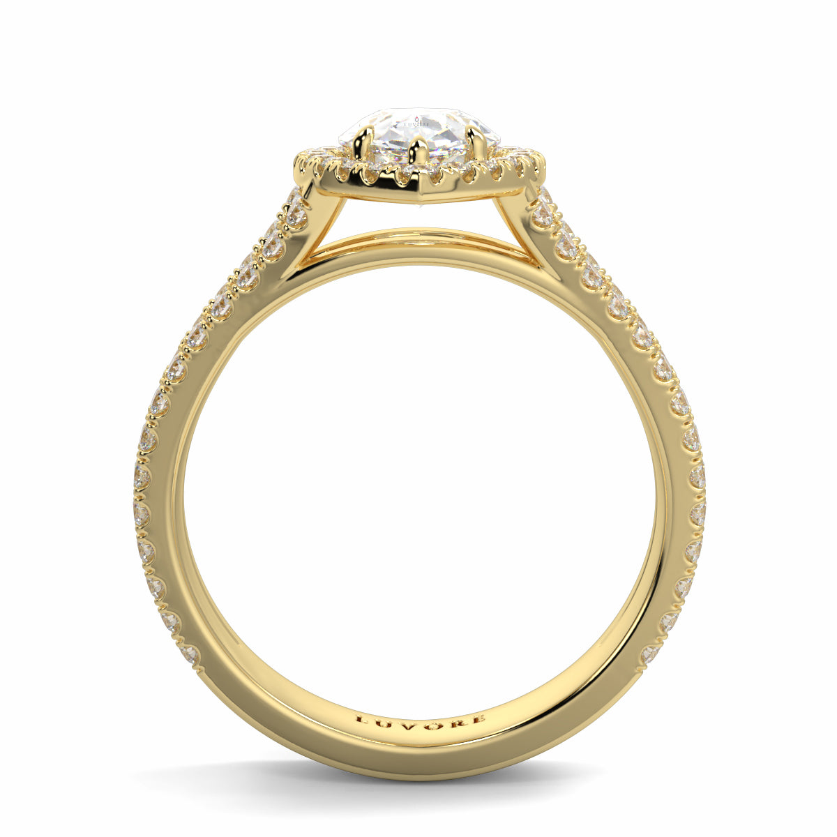Gold ring with diamonds on a white background yb jewellers twist halo pear shape engagement diamond ring best selling design ring and trending design 2026