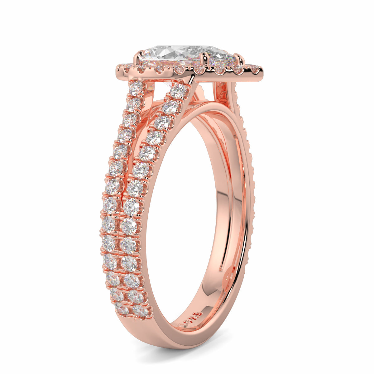 Rose gold ring with diamond accents on a white background yb jewellers twist halo pear shape engagement diamond ring best selling design ring and trending design 2026