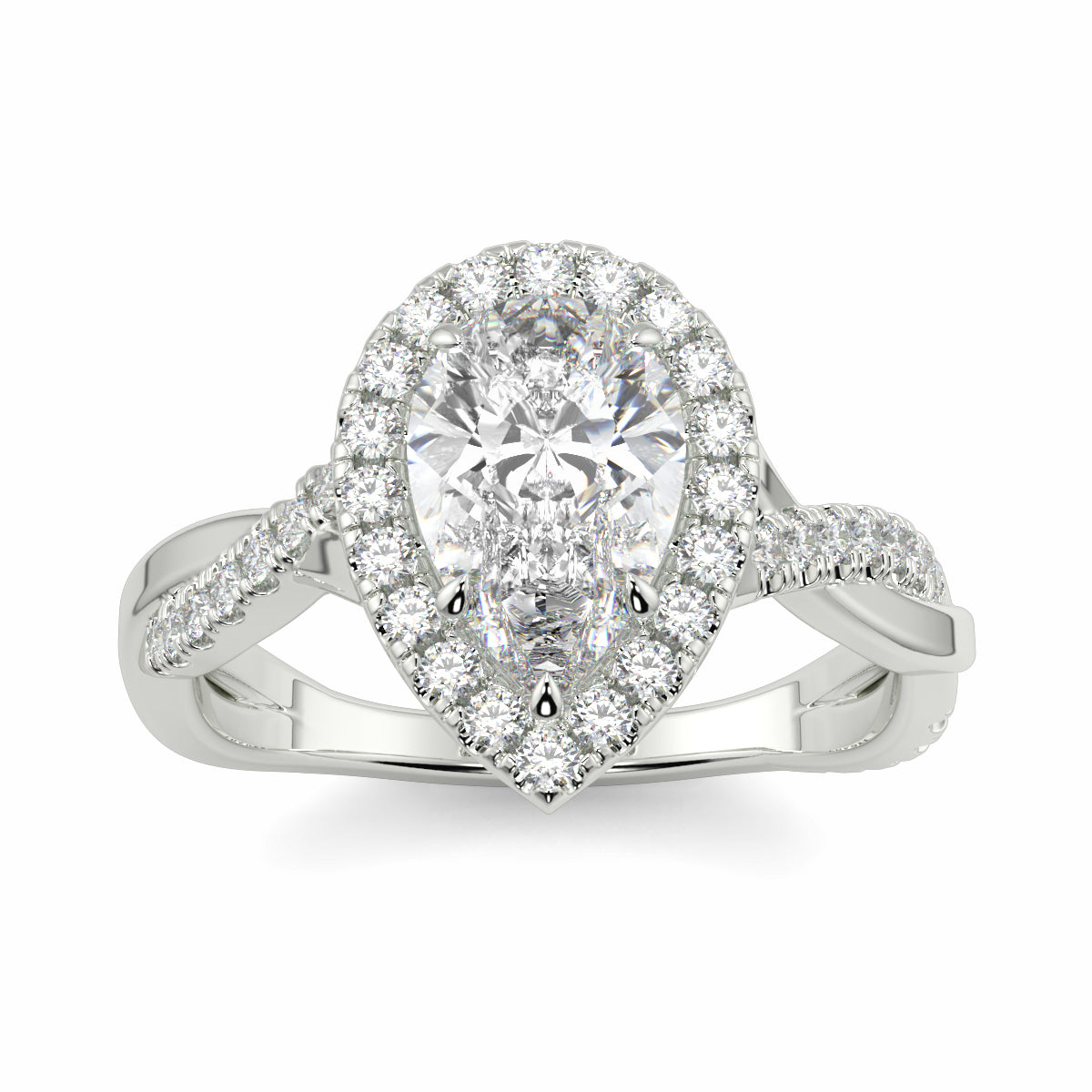 Diamond ring with a pear-shaped center stone on a white background yb jewellers twist halo pear shape engagement diamond ring best selling design ring and trending design 2026