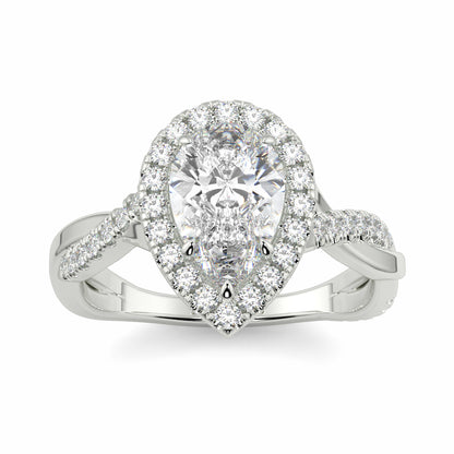 Diamond ring with a pear-shaped center stone on a white background yb jewellers twist halo pear shape engagement diamond ring best selling design ring and trending design 2026