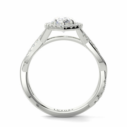 Silver ring with a diamond on a white background yb jewellers twist halo pear shape engagement diamond ring best selling design ring and trending design 2026