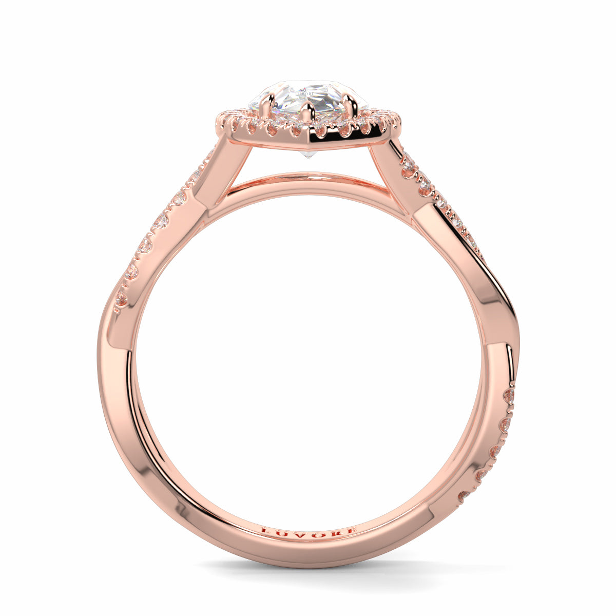 Rose gold ring with a diamond on a white background yb jewellers twist halo pear shape engagement diamond ring best selling design ring and trending design 2026