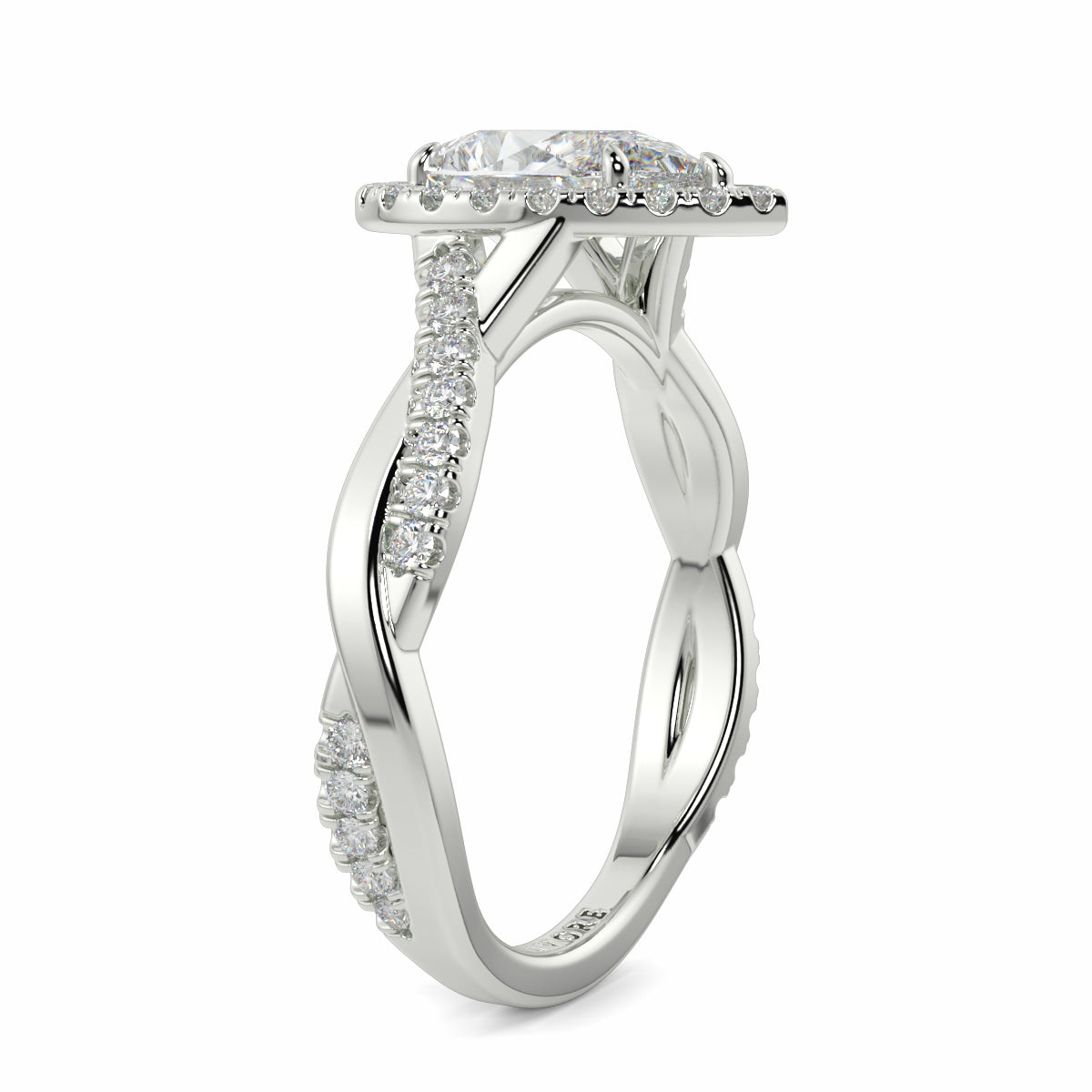 Silver ring with diamond accents on a white background yb jewellers twist halo pear shape engagement diamond ring best selling design ring and trending design 2026