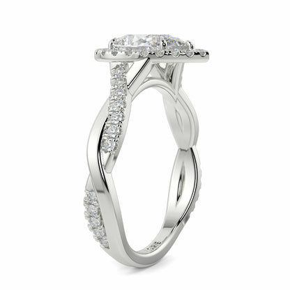 Silver ring with diamond accents on a white background yb jewellers twist halo pear shape engagement diamond ring best selling design ring and trending design 2026