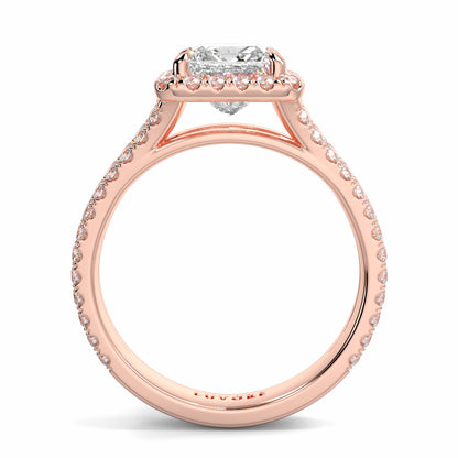 Rose gold ring with a diamond on a white background yb jewellers twist halo princess shape engagement diamond ring best selling design ring and trending design 2026