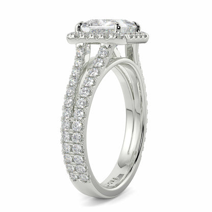 Silver ring with diamond accents on a white background yb jewellers twist halo princess shape engagement diamond ring best selling design ring and trending design 2026