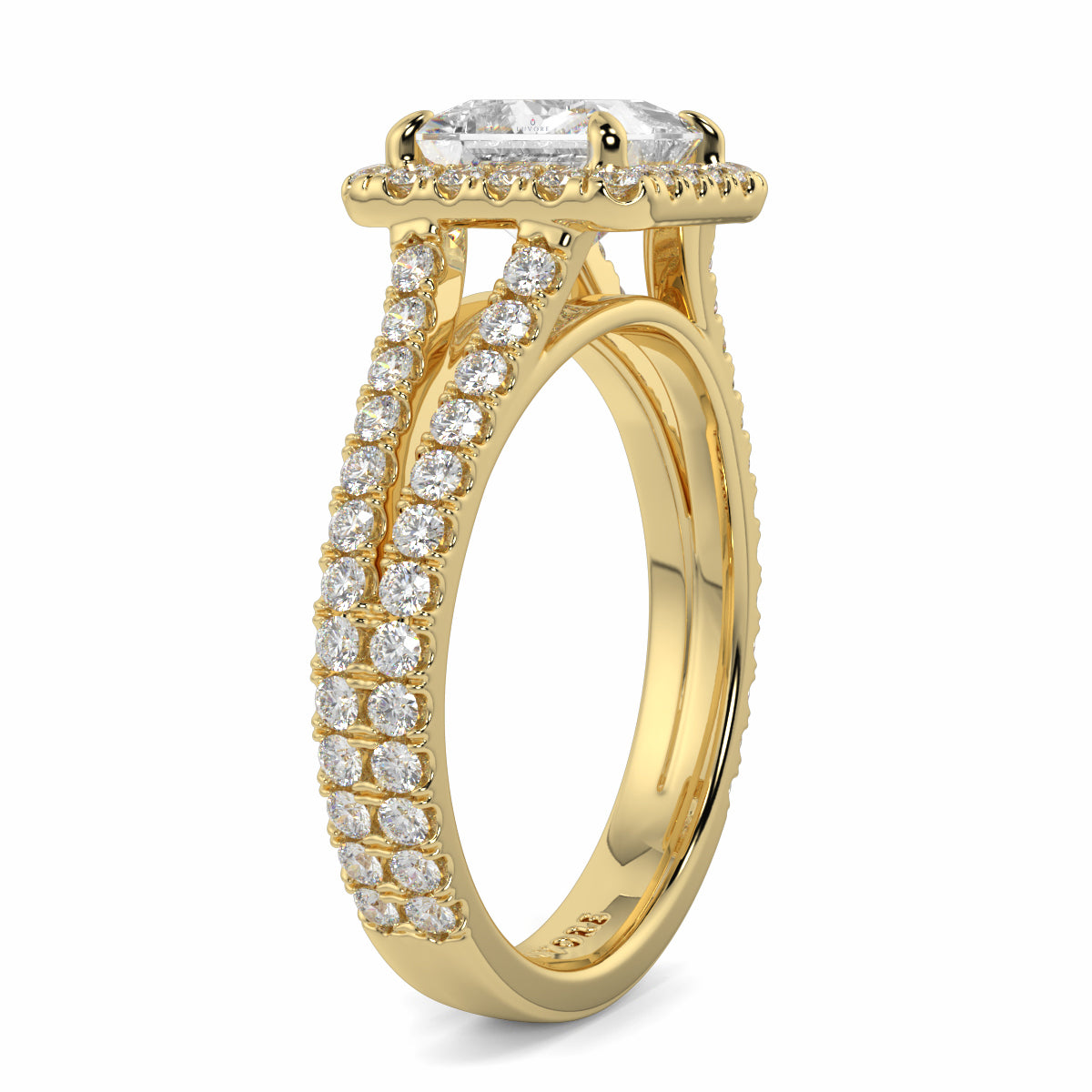 Gold ring with diamond accents on a white background yb jewellers twist halo princess shape engagement diamond ring best selling design ring and trending design 2026