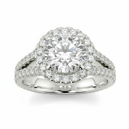 Diamond ring with a halo on a white background yb jewellers twist halo round shape engagement diamond ring best selling design ring and trending design 2026