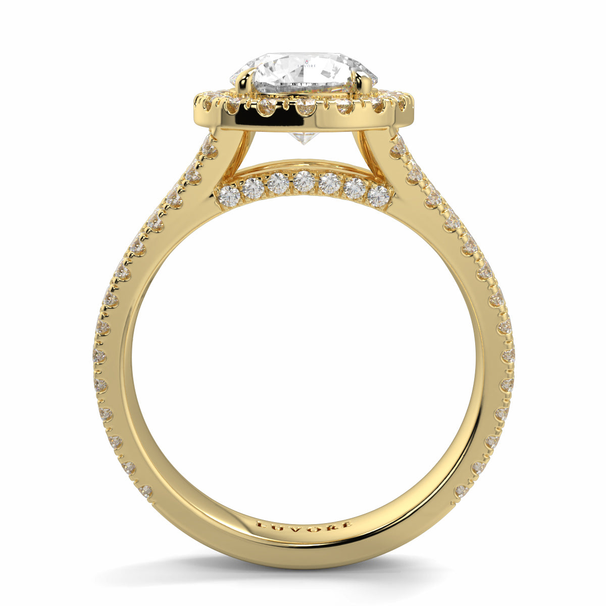 Gold ring with a diamond on a white background yb jewellers twist halo round shape engagement diamond ring best selling design ring and trending design 2026