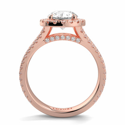 Rose gold ring with diamond accents on a white background yb jewellers twist halo round shape engagement diamond ring best selling design ring and trending design 2026