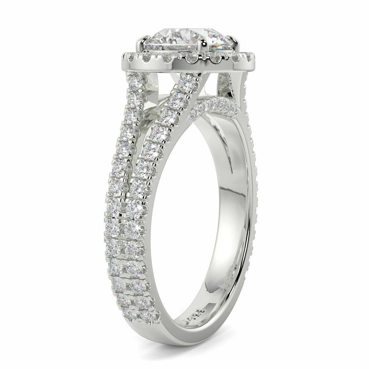 Silver ring with diamond accents on a white background yb jewellers twist halo round shape engagement diamond ring best selling design ring and trending design 2026