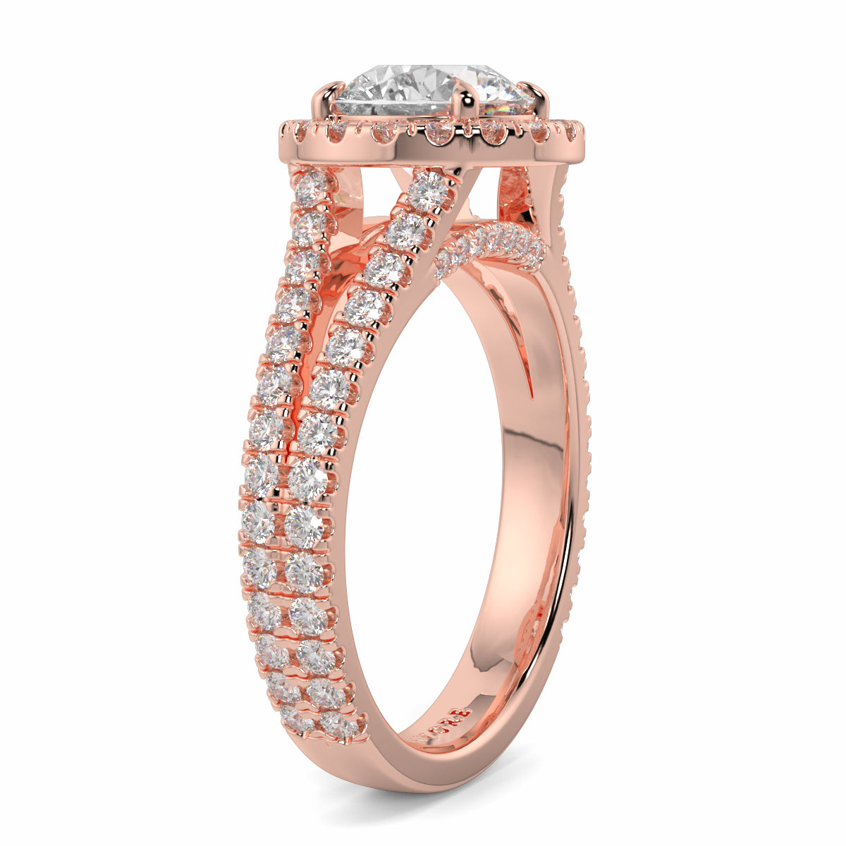 Rose gold ring with diamond accents on a white background yb jewellers twist halo round shape engagement diamond ring best selling design ring and trending design 2026