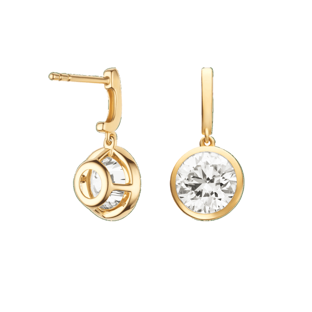 Gold earrings with clear gemstones on a transparent background  yb jewellers yellow gold diamond drop earrings rubover setting