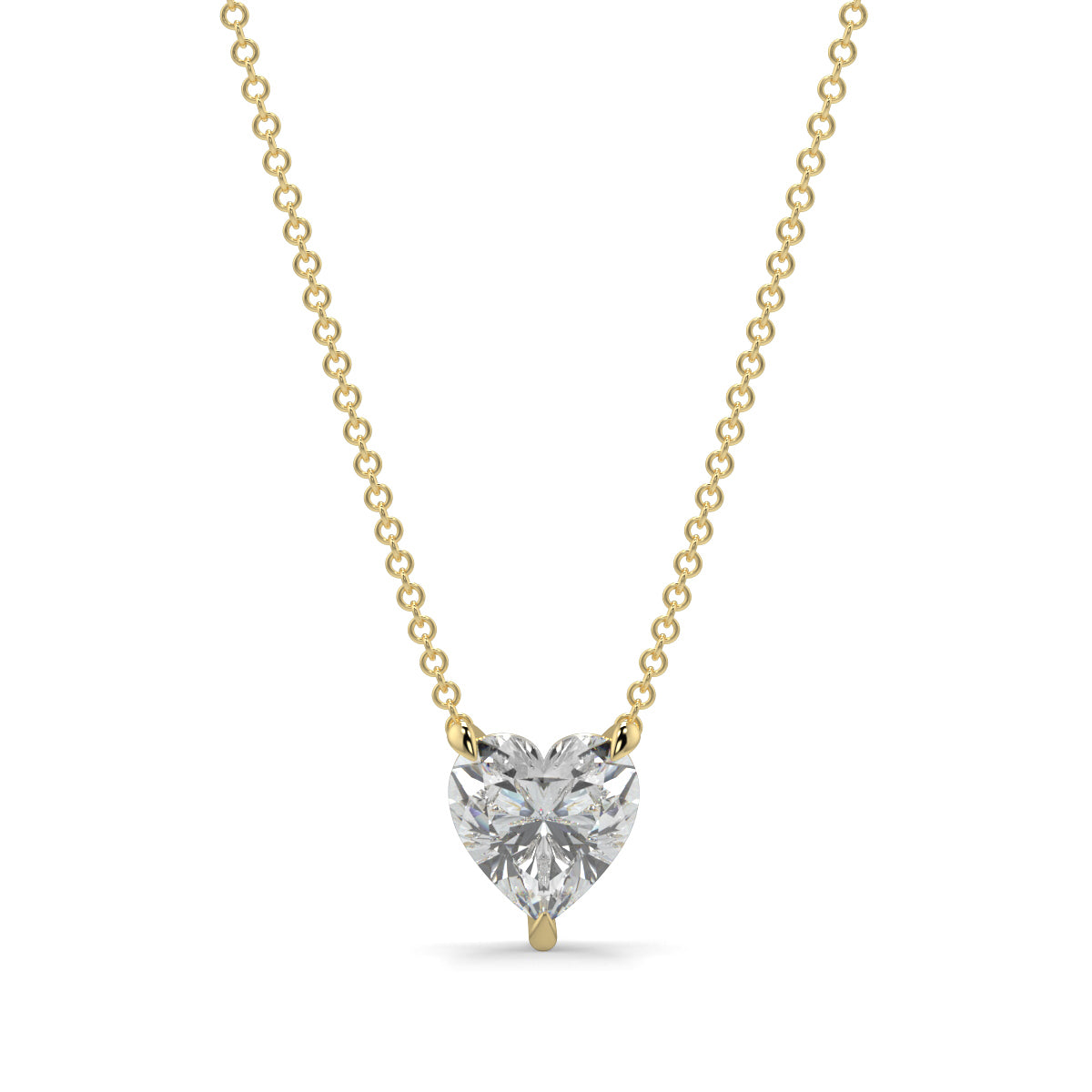 Heart-shaped diamond pendant on a gold chain against a white background 
