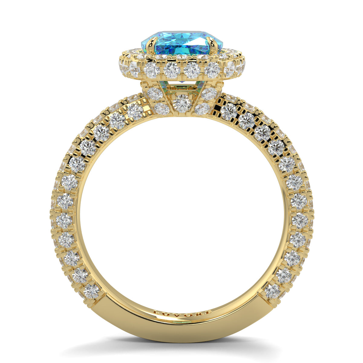 Gold ring with a blue gemstone and diamond accents on a white background yb jewellers cushion blue diamond engagement ring in a halo diamond ring lab grown with diamond encrusted hidden halo and band