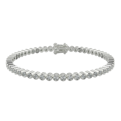 Silver bracelet with clear stones on a white background Diamond_Bracelet_Rubover_bezel_set_yb Jewellers_platinum_rose_gold_y