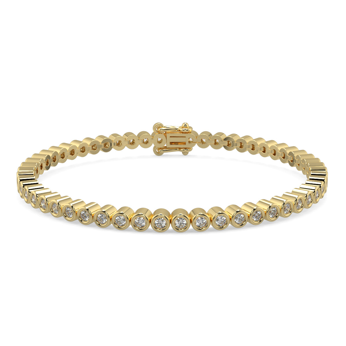 Gold bracelet with diamond accents on a white background Diamond_Bracelet_Rubover_bezel_set_yb Jewellers_platinum_rose_gold_y