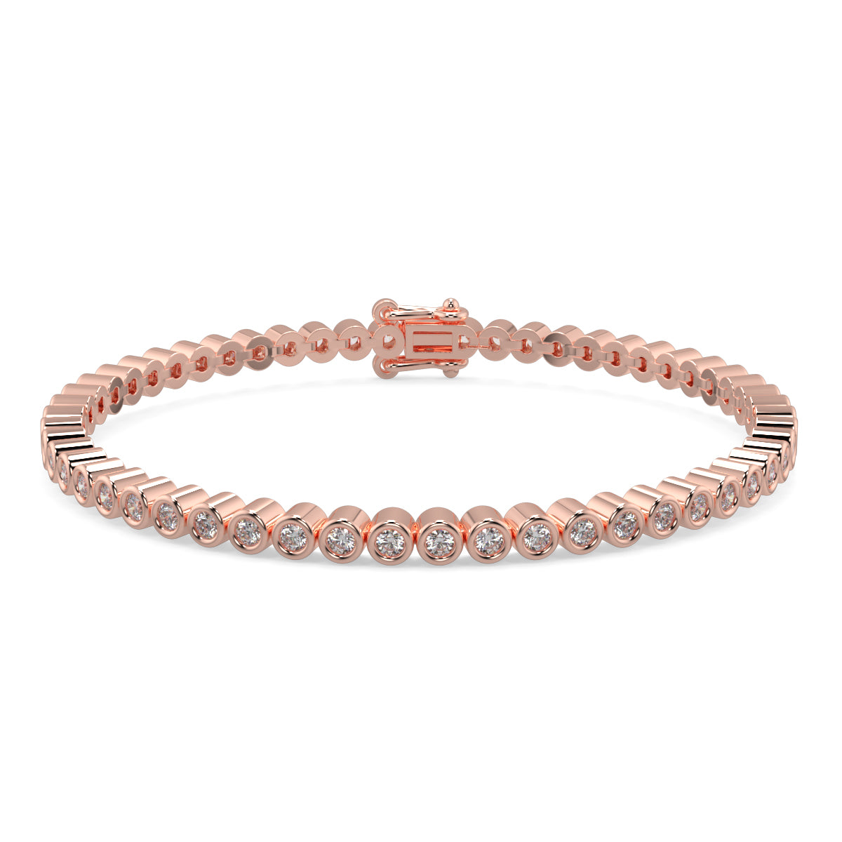 Rose gold bracelet with diamonds on a white background Diamond_Bracelet_Rubover_bezel_set_yb Jewellers_platinum_rose_gold_y