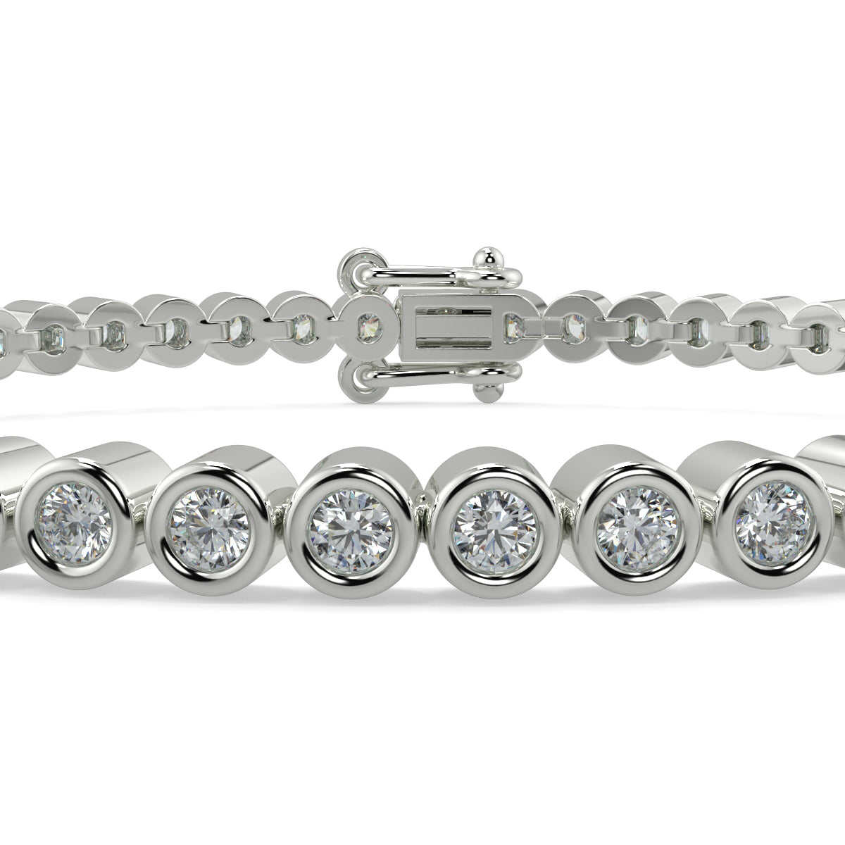 Silver bracelet with diamond beads on a white background Diamond_Bracelet_Rubover_bezel_set_yb Jewellers_platinum_rose_gold_y
