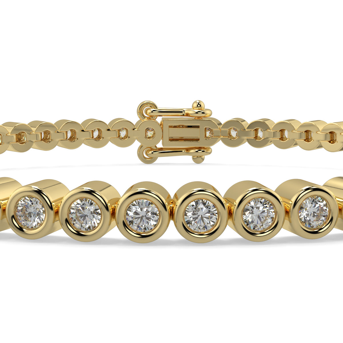 Gold bracelet with diamond beads on a white background Diamond_Bracelet_Rubover_bezel_set_yb Jewellers_platinum_rose_gold_y