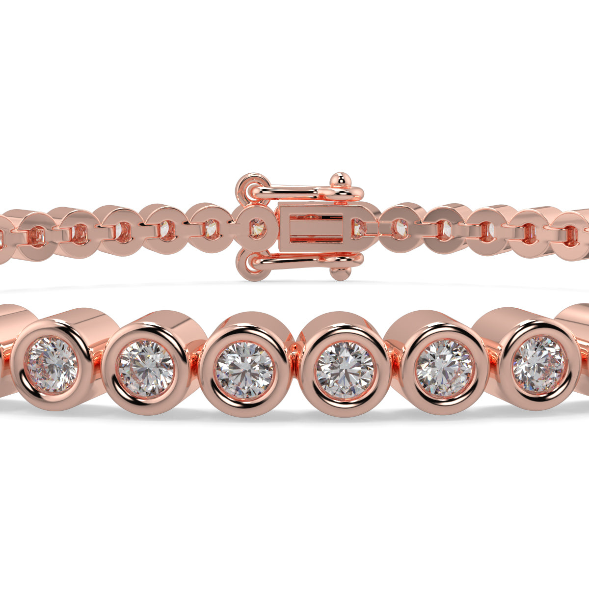 Rose gold bracelet with diamond accents on a white background Diamond_Bracelet_Rubover_bezel_set_yb Jewellers_platinum_rose_gold_y