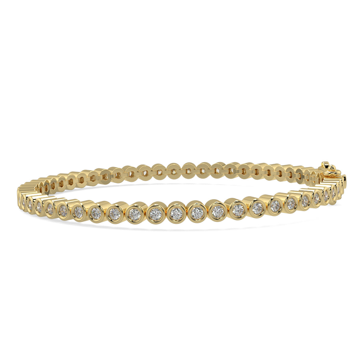 Gold bracelet with small diamonds on a white background Diamond_Bracelet_Rubover_bezel_set_yb Jewellers_platinum_rose_gold_y