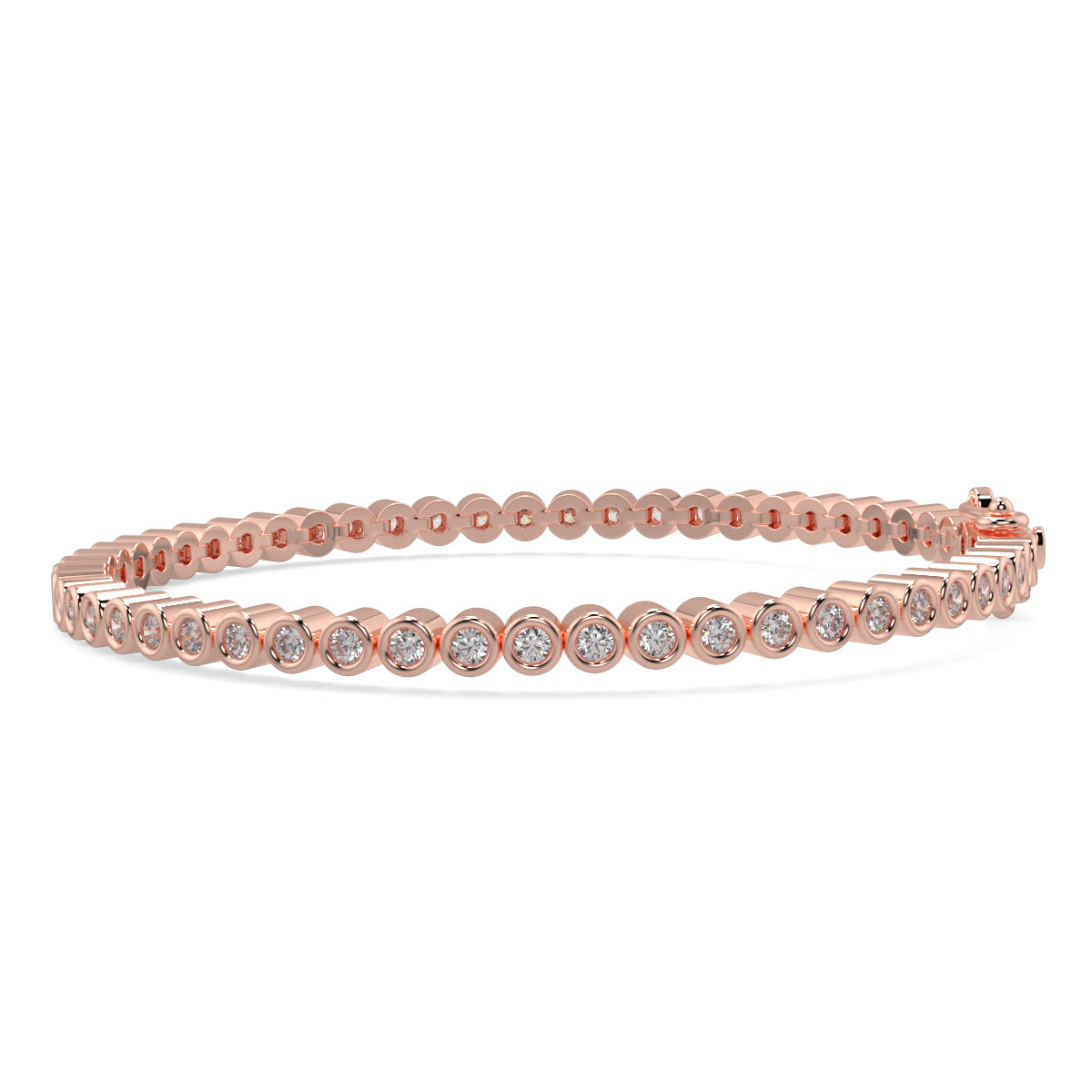 Rose gold bracelet with diamonds on a white background Diamond_Bracelet_Rubover_bezel_set_yb Jewellers_platinum_rose_gold_y