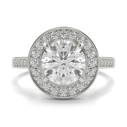 Diamond ring with a halo of smaller diamonds on a white background engagement ring Yb jewellers 