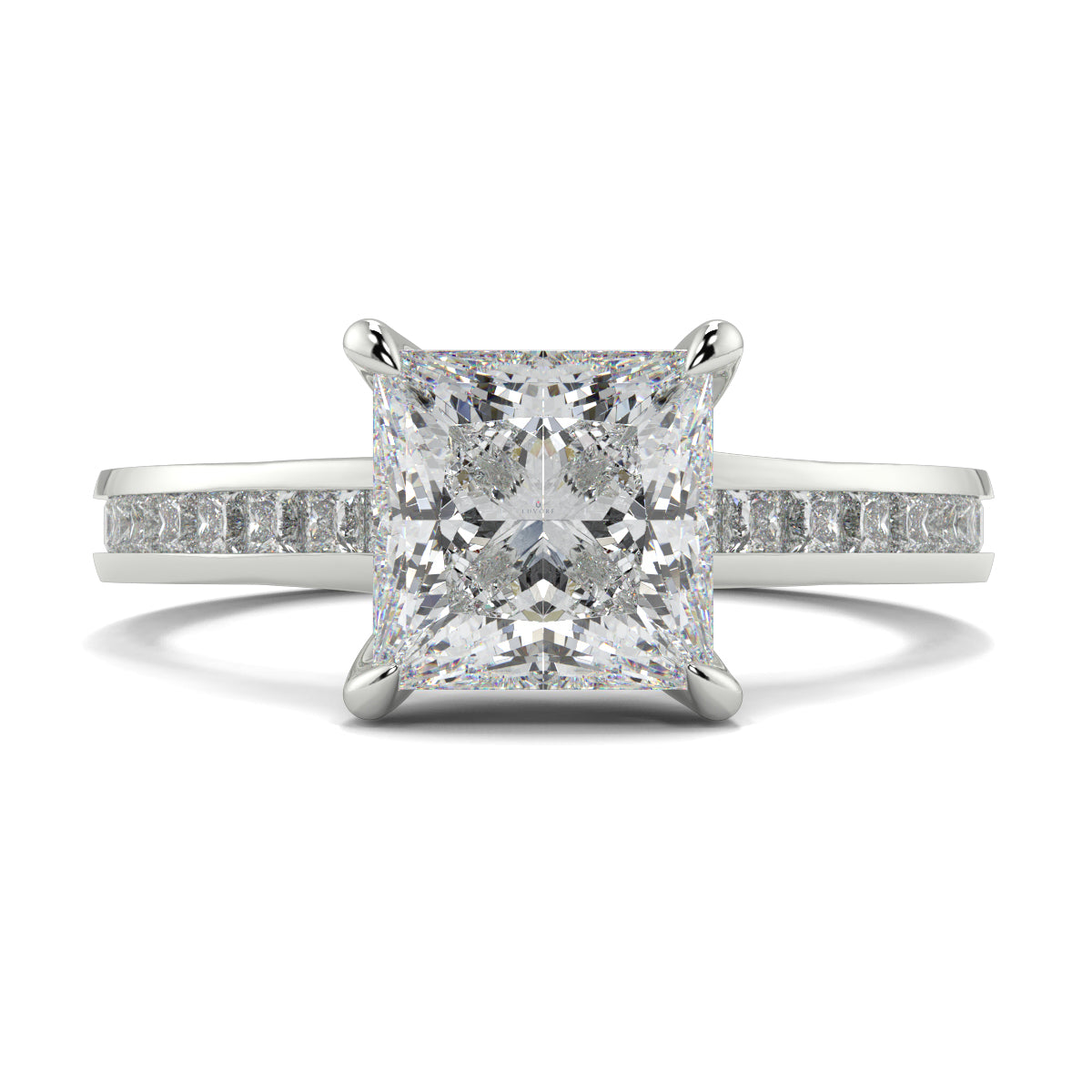 Diamond ring with a square-cut center stone on a white background Yb Jewellers 