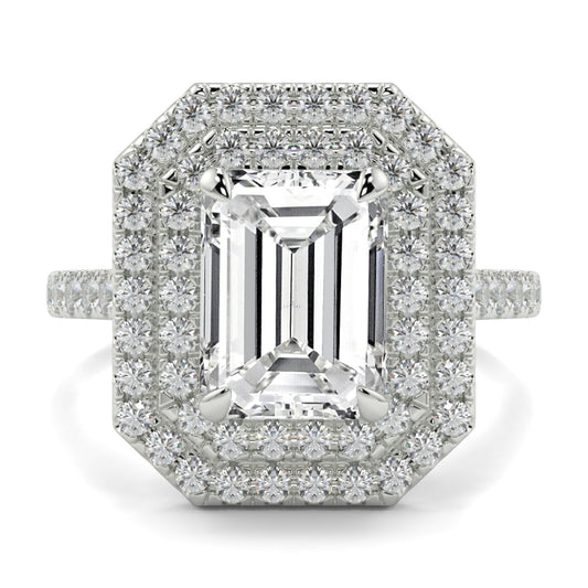 Double Halo Emerald Shape Ring