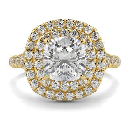 Gold ring with a large central diamond and smaller diamonds around on a white background Yb jewellers trending design double halo ring