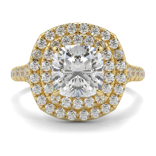 Gold ring with a large central diamond and smaller diamonds around on a white background Yb jewellers trending design double halo ring