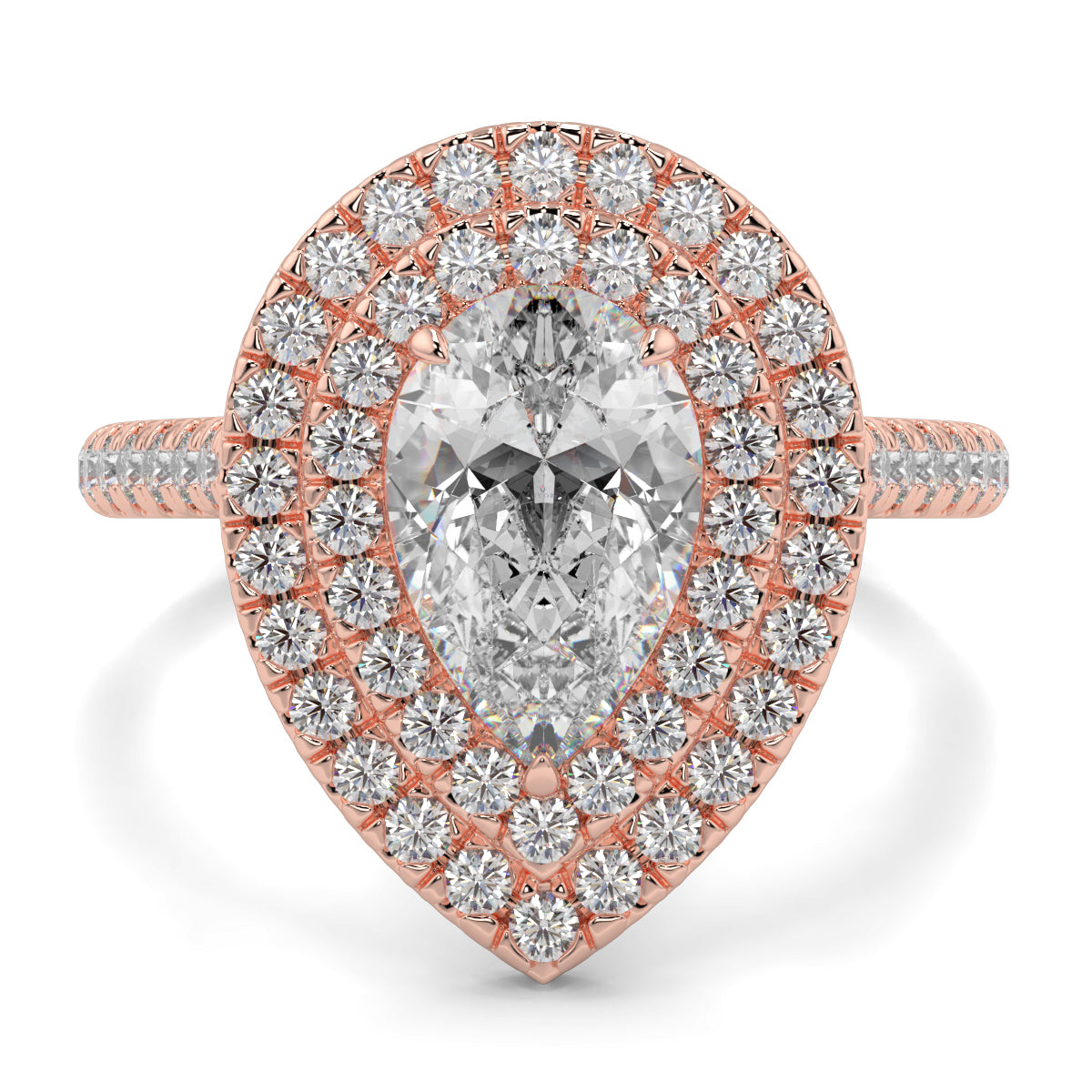 Rose gold and silver diamond ring on a white background yb jewellers pear double halo ring best seller trending design
