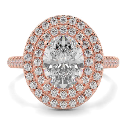 Rose gold ring with a large central diamond and smaller diamonds around on a white background yb jewellers oval diamond engagement ring best seller trending design