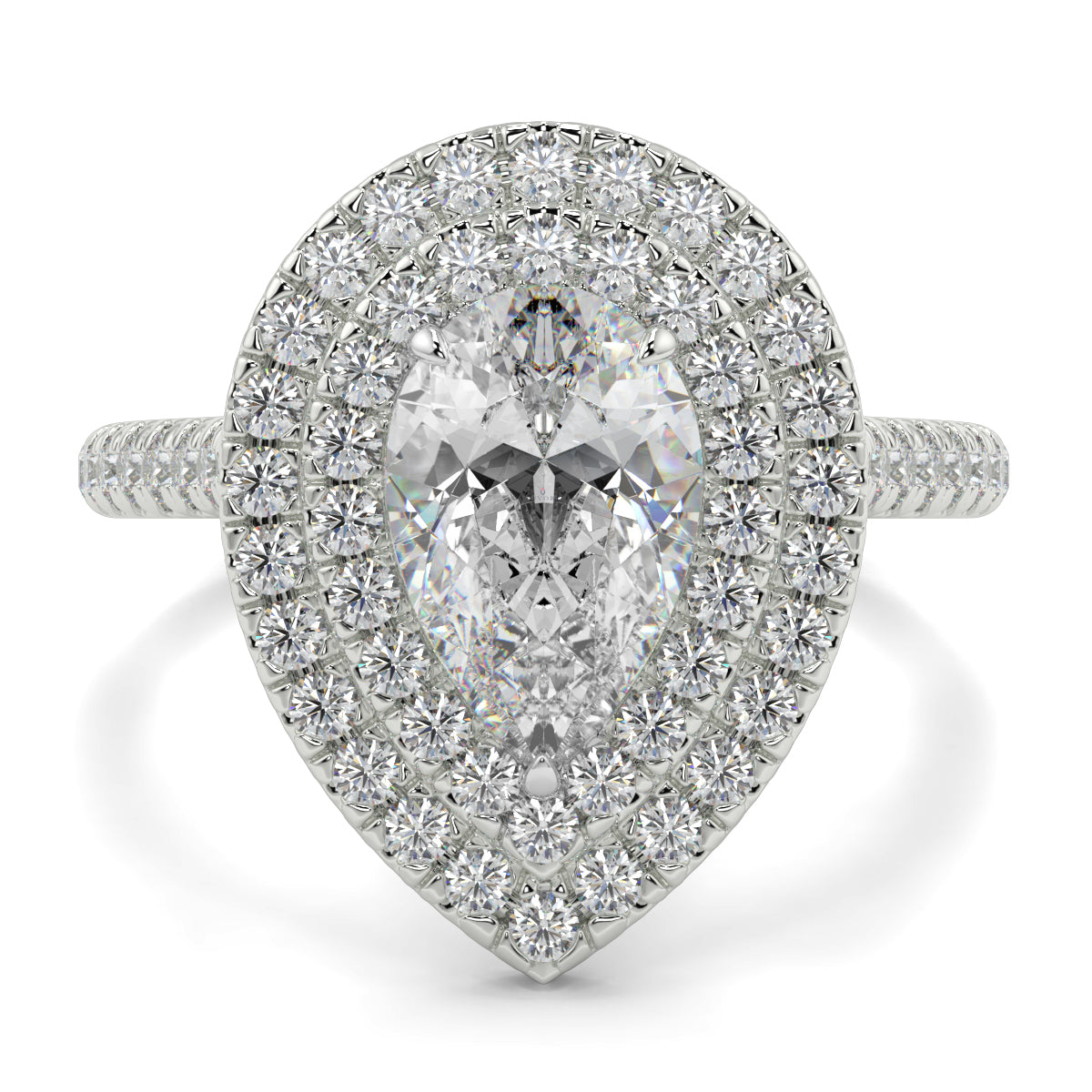 Diamond ring with a pear-shaped center stone and halo of smaller diamonds on a white background yb jewellers pear double halo ring best seller trending design