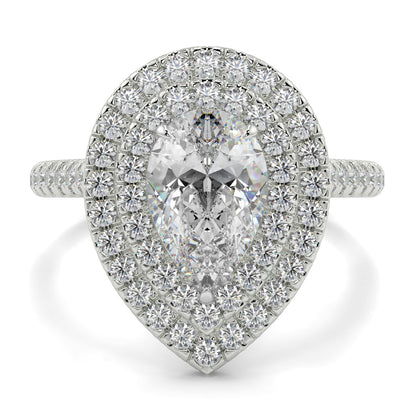 Diamond ring with a pear-shaped center stone and halo of smaller diamonds on a white background yb jewellers pear double halo ring best seller trending design