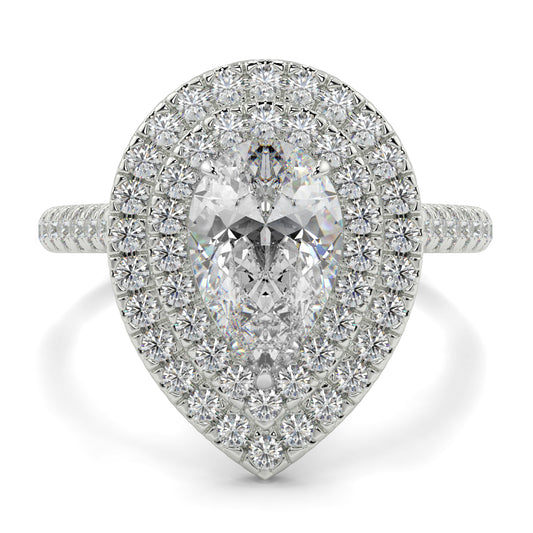 Diamond ring with a pear-shaped center stone and halo of smaller diamonds on a white background yb jewellers pear double halo ring best seller trending design