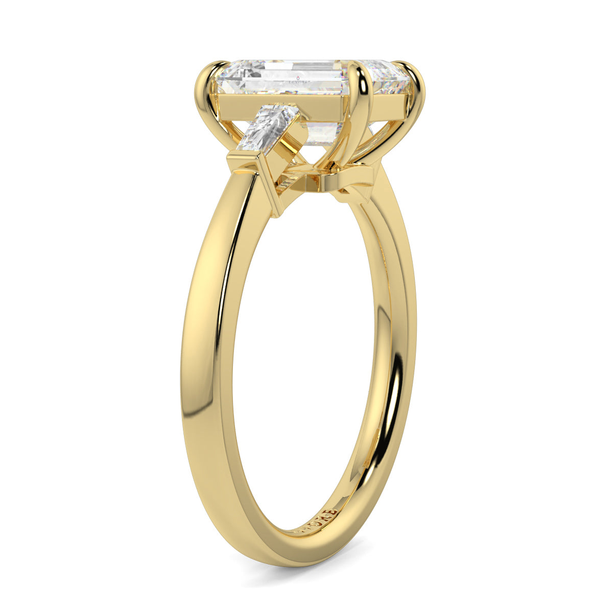 Gold ring with a large diamond and smaller diamonds on a white background yb_jewellers_3_stone_trilogy_engagement_ring_round_and_pear_shape_best_selling_design_trending_diamond_ring