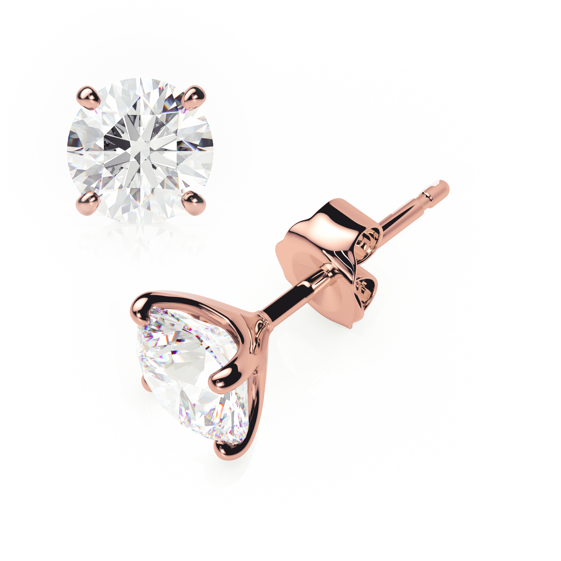 Rose gold stud earrings with clear gemstones on a white background yb jewellers popular 4 claw diamond stud earrings for gifts