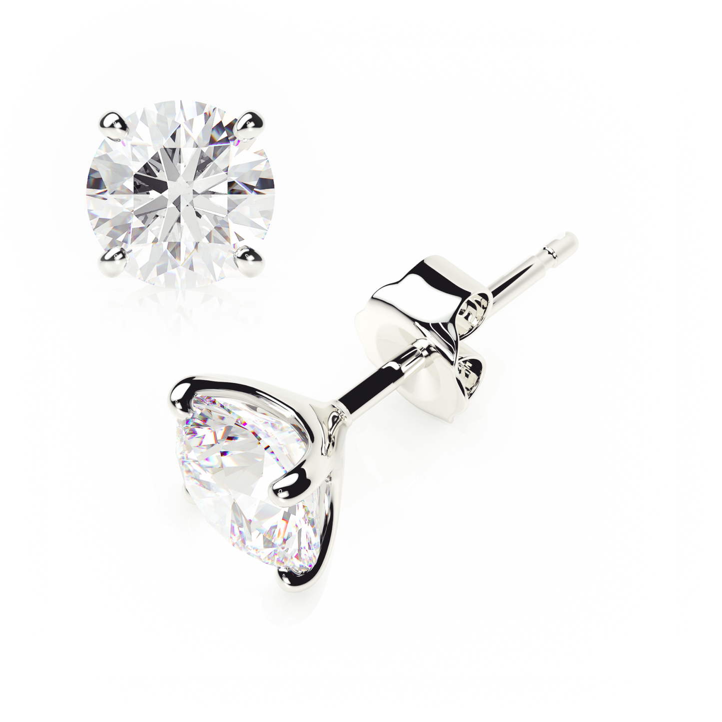 Pair of silver stud earrings with clear gemstones on a white background yb jewellers popular 4 claw diamond stud earrings for gifts