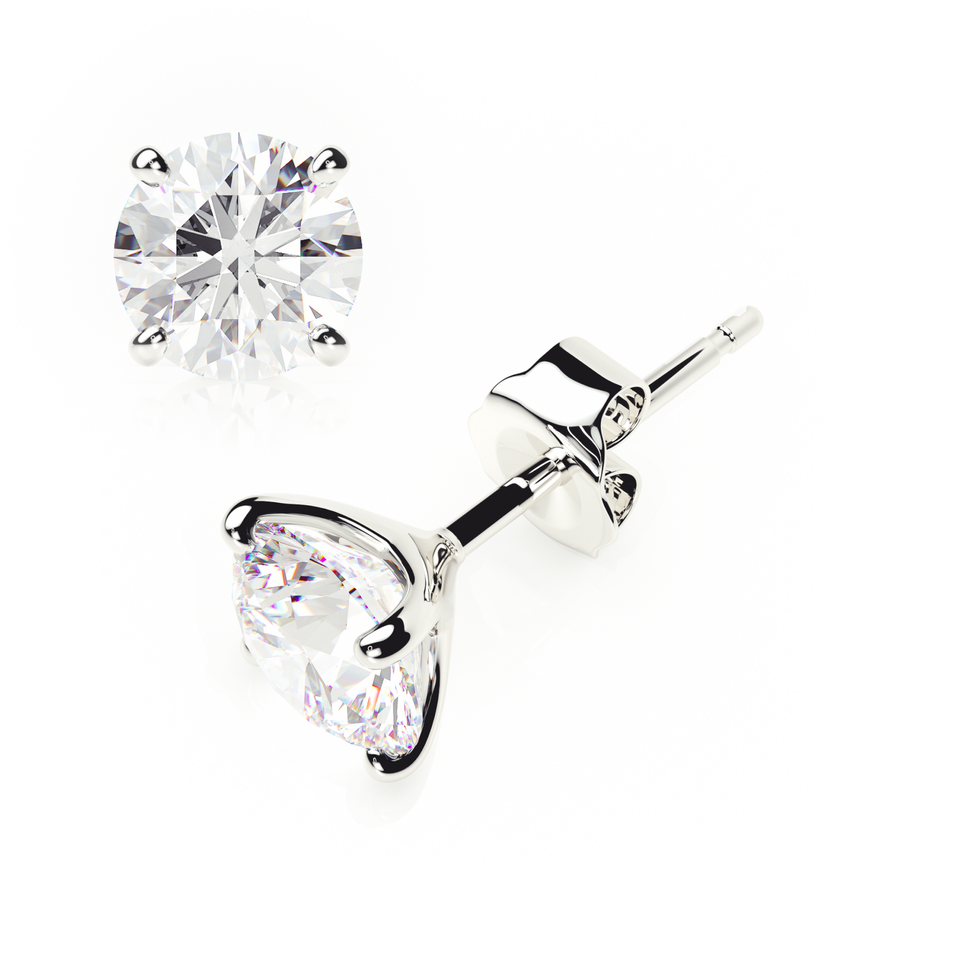 Pair of silver stud earrings with clear gemstones on a white background yb jewellers popular 4 claw diamond stud earrings for gifts