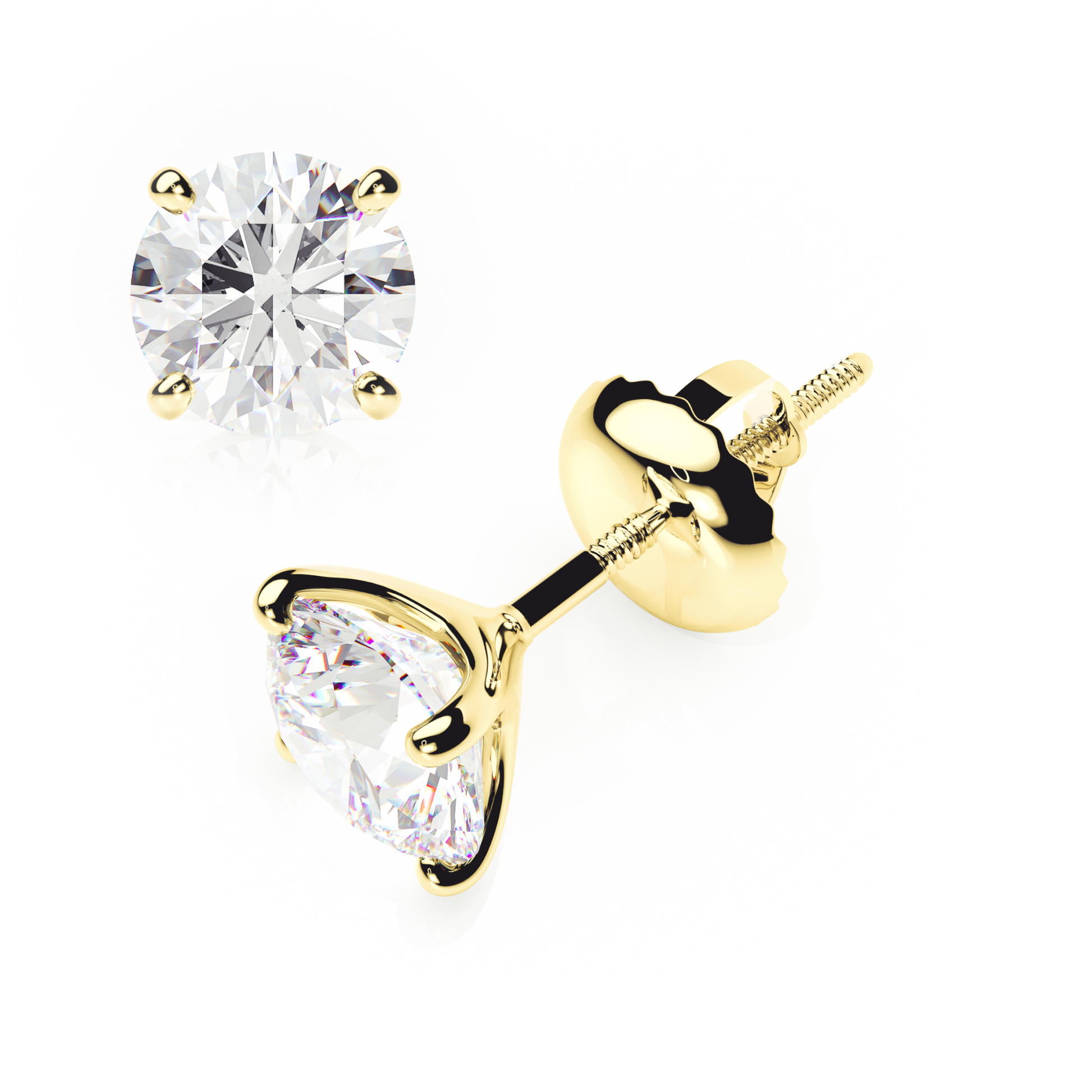 Gold stud earrings with clear gemstones on a white background